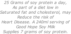 25 Grams of soy protein a day, As part of a diet low in  Saturated fat and cholesterol, may Reduce the risk of Heart Disease. A 240ml serving of Good Hope Soy Milk Supplies 7 grams of soy protein.